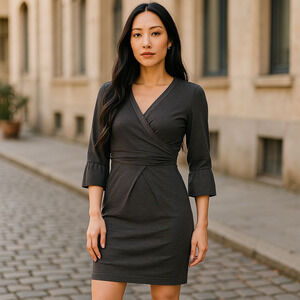 Bebe Wool Blend Silk Trim Surplice Y2K Bubble Skirt Charcoal Gray Dress Size XS